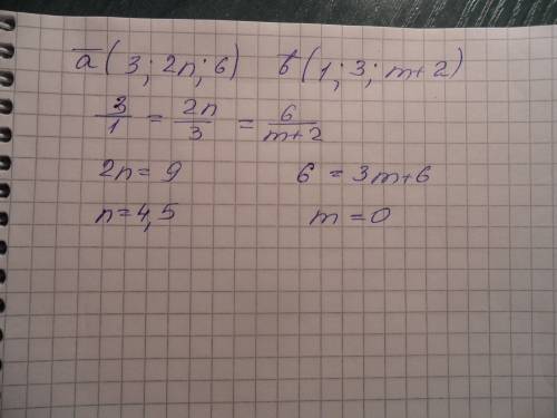 Определите при каких значениях m и n векторы a(3; 2n; 6) и b(1; 3; m+2) коллинеарны