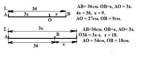 Найдите длины отрезков ob и ao, если ав=36см, а отрезок ов в 3 раза меньше отрезка оа ( плс)