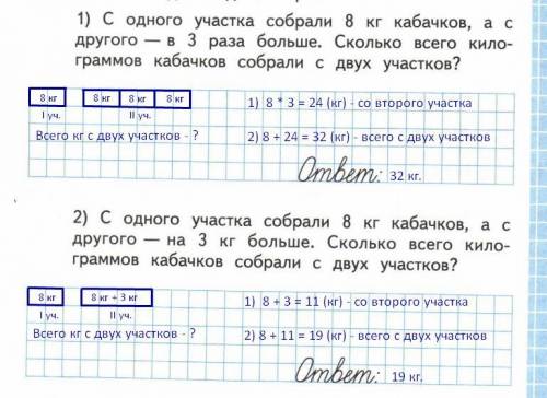 Устно сравни . сделай схематический чертёж к каждой и реши её. 1) с одного участка собрали 8 кг. каб