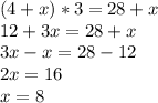 (4+x)*3=28+x&#10;\\12+3x=28+x&#10;\\3x-x=28-12&#10;\\2x=16&#10;\\x=8