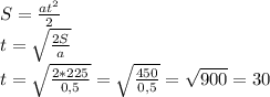 S= \frac{a t^{2} }{2} \\ t= \sqrt{\frac{2S}{a} } \\ t= \sqrt{\frac{2*225}{0,5} } =\sqrt{\frac{450}{0,5} }=\sqrt{900 }=30&#10;