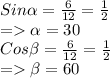 Sin \alpha = \frac{6}{12}=\frac{1}{2}\\= \alpha = 30\\Cos \beta = \frac{6}{12}= \frac{1}{2}\\= \beta = 60