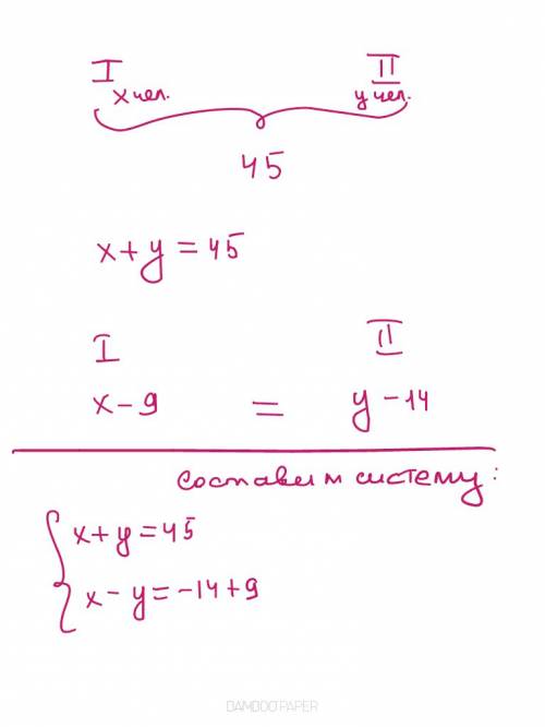 Вдвух комнатах были 45 человек. когда первой вой вышли 9 человек, а из второй 14 человек, то людей в