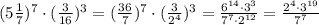 (5\frac{1}{7})^7\cdot (\frac{3}{16})^3=(\frac{36}{7})^7\cdot (\frac{3}{2^4})^3=\frac{6^{14}\cdot 3^3}{7^7\cdot 2^{12}}= \frac{2^4\cdot 3^{19}}{7^7}