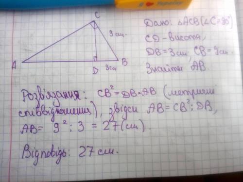 Впрямокутному трикутнику abc висота cd, проведена з вершини прямого кута c, відтинає на гіпотинузі в