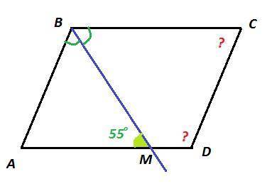 Биссектриса угла параллелограмма пересекает противоположную сторону под углом 55 градусов.найдите гр