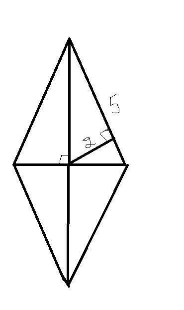 Сторона ромба равна 5, а расстояние от точки пересечения диагоналей ромба до неё равно 2. найдите пл