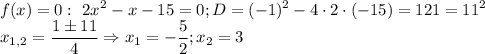 \displaystyle f(x)=0:~ 2x^2-x-15=0; D=(-1)^2-4\cdot 2\cdot (-15)=121=11^2 \\ x_{1,2}=\frac{1\pm11}{4} \Rightarrow x_1=-\frac{5}{2}; x_2=3