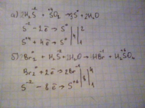 Составить уравнение реакции электронного а) h2s+so2=s+h2o б) br2+h2s+h2o=hbr+h2so4