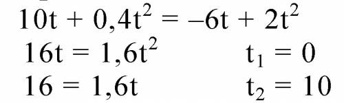 Уравнения движения двух тел имеют вид: x1=10t+0,4t2 и x2= -6t+2t2 . найдите место и время их встречи