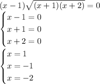 (x-1) \sqrt{(x+1)(x+2)} =0 \\ \begin{cases}x-1=0\\ x+1=0\\ x+2=0\end{cases} \\ \begin{cases}x=1\\ x=-1\\ x=-2\end{cases} &#10;