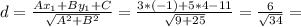 d= \frac{Ax_1+By_1+C}{ \sqrt{A^2+B^2} } = \frac{3*(-1)+5*4-11}{ \sqrt{9+25} } = \frac{6}{ \sqrt{34} } =