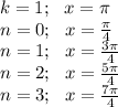 k=1;\,\,\,\,x=\pi\\ n=0;\,\,\,\,x= \frac{\pi}{4} \\ n=1;\,\,\,\,x= \frac{3\pi}{4} \\n=2;\,\,\,\,x= \frac{5\pi}{4} \\n=3;\,\,\,\,x= \frac{7\pi}{4}