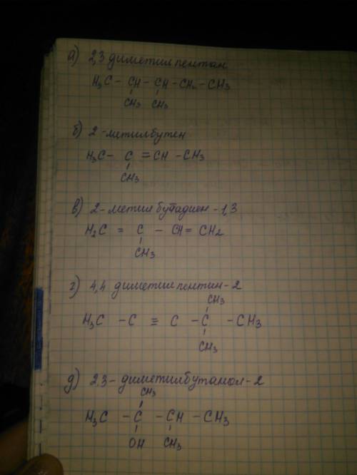 Напишите структурные формулы а) 2,3 -диметилпентан б)2-метилбутен в)2-метилбутадион-1,3 г)4,4 димети