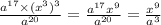 \frac{ {a}^{17} \times ( {x}^{3})^{3} }{ {a}^{20} } = \frac{ {a}^{17} {x}^{9} }{ {a}^{20} } = \frac{ {x}^{9} }{ {a}^{3} }