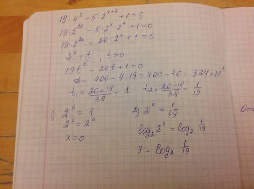 Решите уравнение: 19 * 4^(x) - 5 * 2^(x+2) + 1 = 0