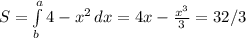 S= \int\limits^a_b {4-x^2} \, dx=4x- \frac{x^3}{3}= 32/3