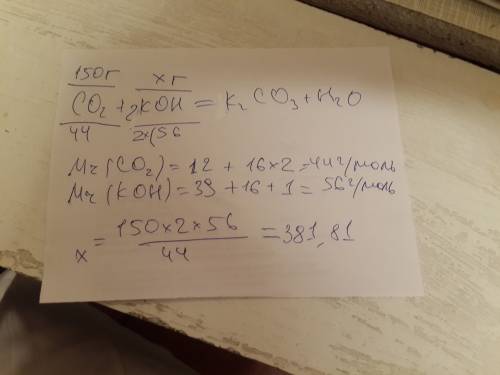 )сколько грамм koh вступит в реакцию с 150г co2 co2+2koh=k2co3+h2o (уравнено)