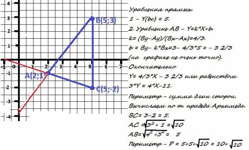 По координатам вершин треугольника авс найти периметр треугольника, уравнения сторон ав и вс если а
