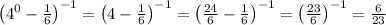 \left(4^0-\frac{1}{6}\right)^{-1}=\left(4-\frac{1}{6}\right)^{-1}=\left(\frac{24}{6}-\frac{1}{6}\right)^{-1} =\left(\frac{23}{6}\right)^{-1}=\frac{6}{23}
