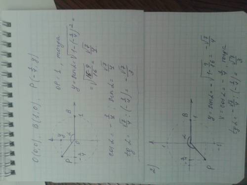 Найдите синус, косинус и тангенс угла bop, если о - начало координат, а точки в(1; 0) и p (-3/4: y)