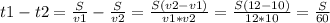 t1-t2= \frac{S}{v1}- \frac{S}{v2}= \frac{S(v2-v1)}{v1*v2} = \frac{S(12-10)}{12*10}= \frac{S}{60}