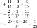 \displaystyle x+ \frac{14}{15} = \frac{2}{3} + \frac{3}{10} \\\\x= \frac{2}{3} + \frac{3}{10}- \frac{14}{15} \\\\x= \frac{20+9-28}{30} = \frac{1}{30}