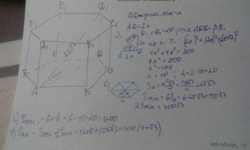 Большая диагональ правильной шестиугольной призмы равна 20в корне из 2 см и наклонена к плоскости ос