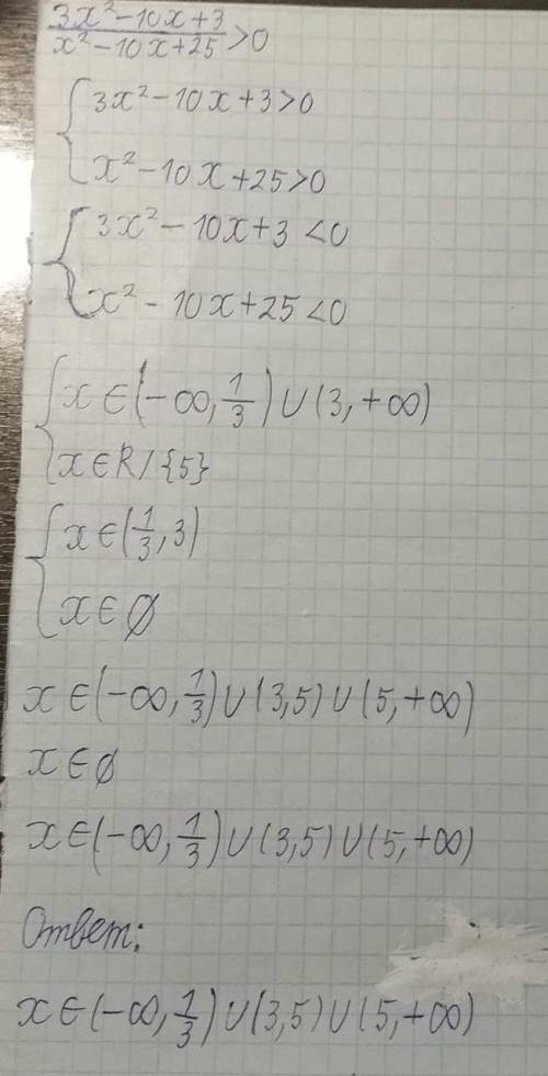 3x^2-10x+3/x^2-10x+25 > 0 с метода интервалов)