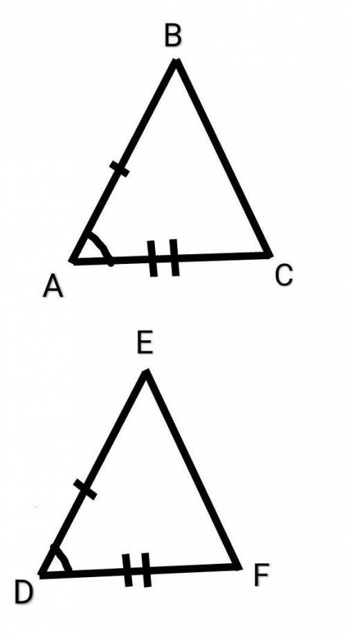 Равны ли треугольники abc и def,если ab=de, ac=df, угол а=углу d? ​