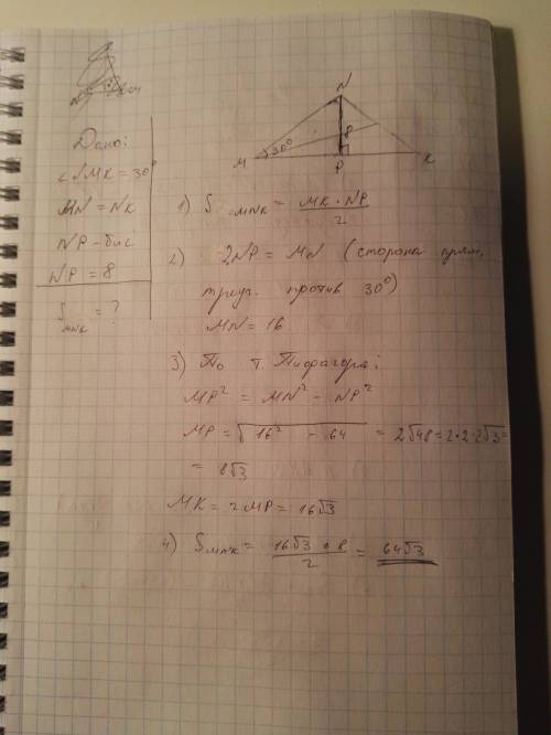 1) в треугольнике mnk : mn=nk , угол kmn =30 градусам , np =8 , mp - биссектриса найти площадь abc 2