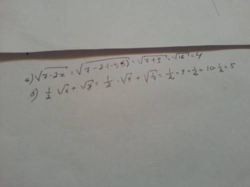 Найдите значения выражений: а)√7-2x при х=-4,5 б) 1/2√х+√у при х=9 при у=1/4