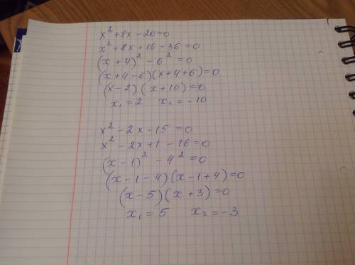 Решите уравнение,используя преобразование выделение полного квадрата двучлена х^2+8х-20=0; х^2-2х-15