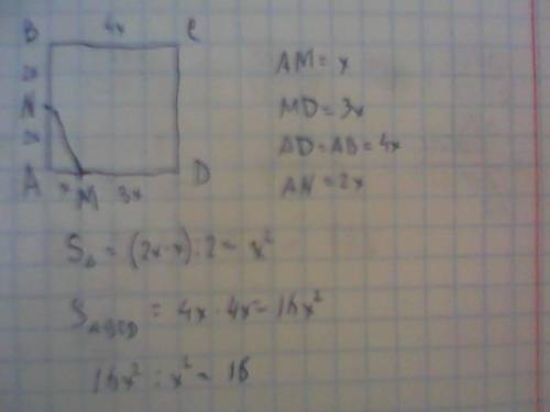 На сторонах ab и ad квадрата abcd отмечены точки n и m. точка n делит сторону ab пополам, а точка m