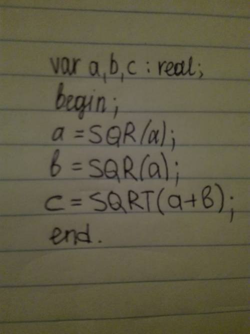 Написать программу на паскале с=корень а в квадрате + b в квадрате