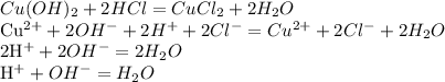 Cu(OH)_{2} + 2HCl = CuCl_{2} + 2H_{2}O&#10;&#10;Cu^{2+} + 2OH^{-} + 2H^{+} +2Cl^{-} = Cu^{2+} + 2Cl^{-} + 2H_{2}O&#10;&#10;2H^{+} + 2OH^{-} = 2H_{2}O&#10;&#10;&#10;H^{+} + OH^{-} = H_{2}O&#10;