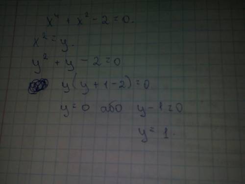 Решите уравнение x^4+x^2-2=0 ,заменив x^2=y