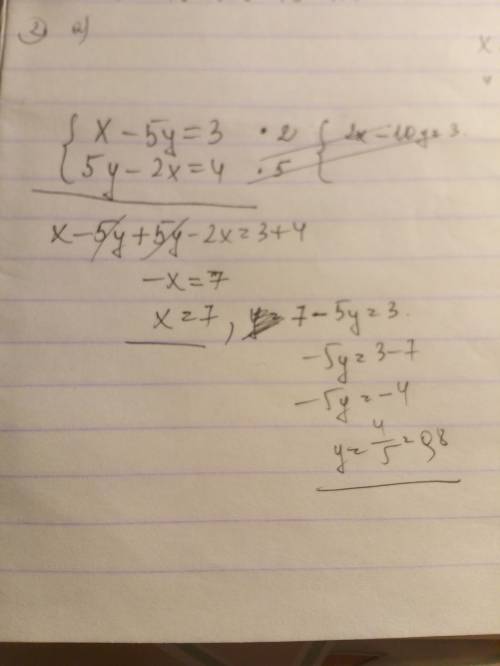 Решите систему методом сложения x-5y=3 5y-2x=4