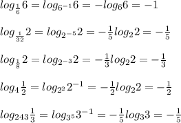 log_{\frac{1}{6}}6=log_{6^{-1}}6=-log_66=-1\\\\log_{\frac{1}{32}}2=log_{2^{-5}}2=-\frac{1}{5}log_22=-\frac{1}{5}\\\\log_{\frac{1}{8}}2=log_{2^{-3}}}2=-\frac{1}{3}log_22=-\frac{1}{3}\\\\log_4\frac{1}{2}=log_{2^2}2^{-1}=-\frac{1}{2}log_22=-\frac{1}{2}\\\\log_{243}\frac{1}{3}=log_{3^5}3^{-1}=-\frac{1}{5}log_33=-\frac{1}{5}