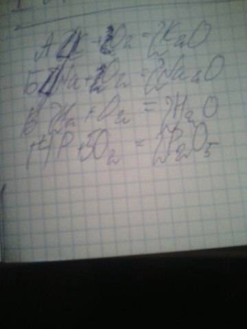 Закончите уравнения реакций горения, расставьте коэффициенты: а. k+o2= б. na+o2= в. h2+o2= г. p+o2=
