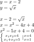 y=x-2\\y= \sqrt{x} \\\\x-2= \sqrt{x} \\x=x^2-4x+4\\x^2-5x+4=0\\ \left \{ {{x_1x_2=4} \atop {x_1+x_2=5}} \right. |{ {{x=4} \atop {x=1}} \right.