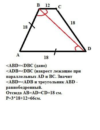 Найдите периметр равнобокой трапеции если её основания равны 12 см и 18а диагональ делит тупой угол