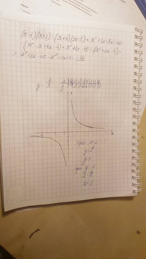 Постройте график функции у = 6/х. с графика определи значение у при х = 2 и значение х, если у = -2