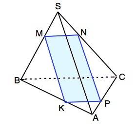 Втетраэдре sabc на ребре ab выбрана точка k так, что ak: kb = 1: 2. через точку k параллельно прямым