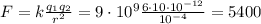 F = k\frac{q_1q_2}{r^2} = 9\cdot10^9\frac{6\cdot10\cdot10^{-12}}{10^{-4}} = &#10;5400