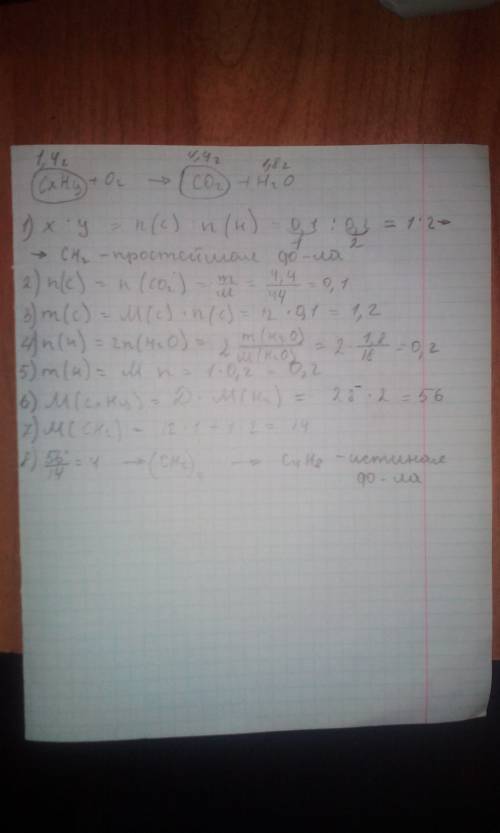 Спри сжигании углеводорода массой 1,4 г образовалось 4,4 г оксида углерода iv)и 1,8 г воды относител