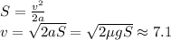 S = \frac{v^2}{2a}\\&#10;v = \sqrt{2aS} = \sqrt{2\mu g S} \approx 7.1