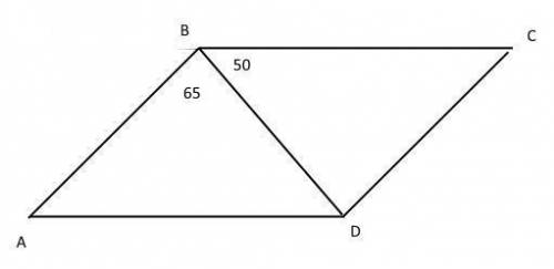Диагональ bd параллелограмма abcd образует с его сторонами углы, равные 65° и 50°. найдите меньший у