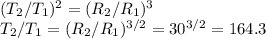 (T_2/T_1)^2 = (R_2/R_1)^3\\&#10;T_2/T_1 = (R_2/R_1)^{3/2} = 30^{3/2} = 164.3