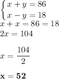 \displaystyle \left \{ {{x+y=86} \atop {x-y=18}} \right.\\ x+x=86=18\\ 2x=104\\ \\ x=\frac{104}{2}\\ \\ \bf{x=52}